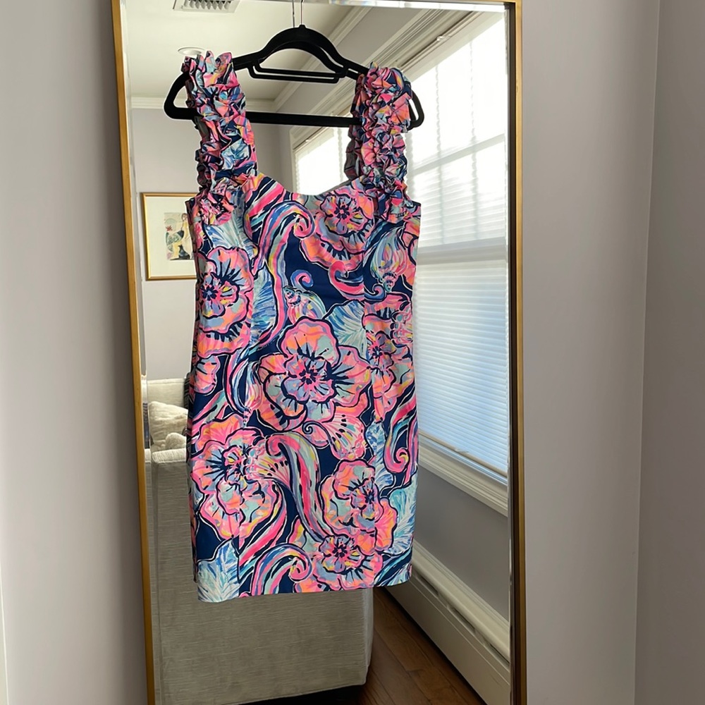 Lily Pulitzer stretch cotton sheath dress with ruffles at shoulders